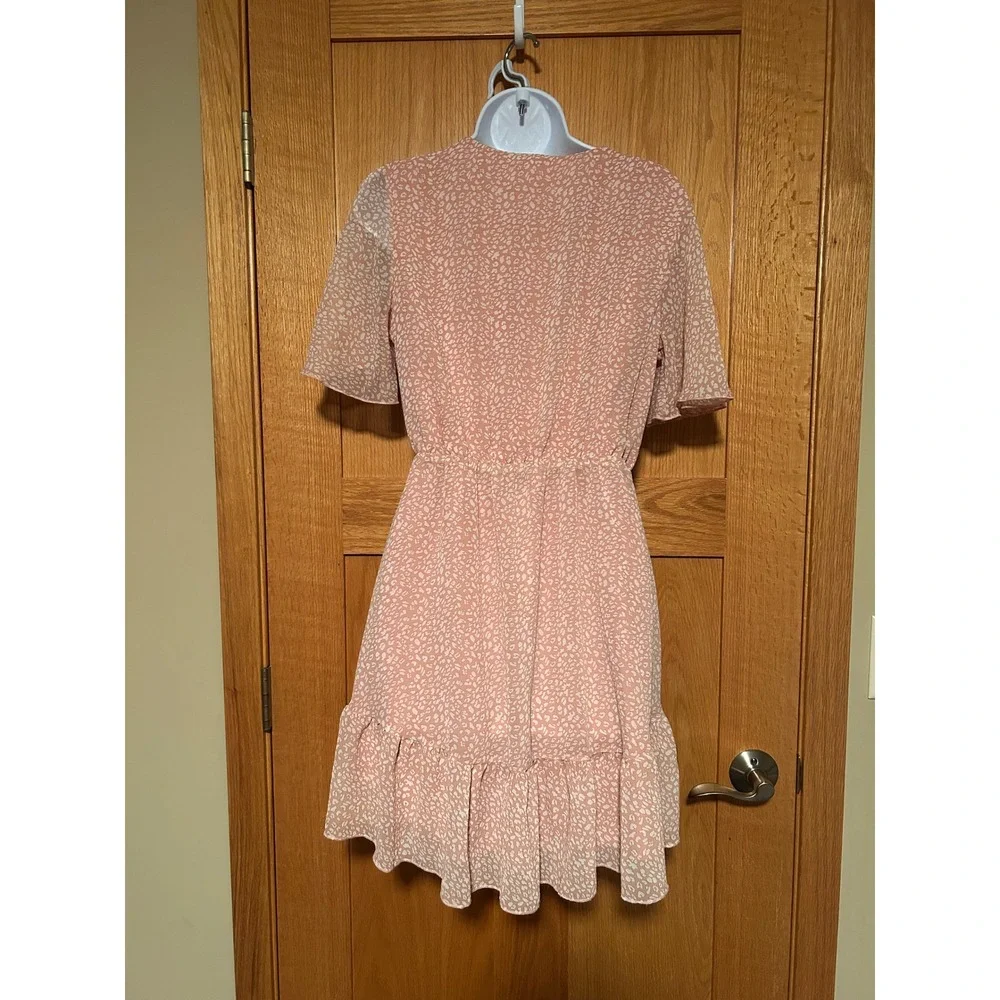 Pink Cottagecore Chiffon Wrap Mini Dress V-Neck Ruffle Hem Flutter Sleeve Small